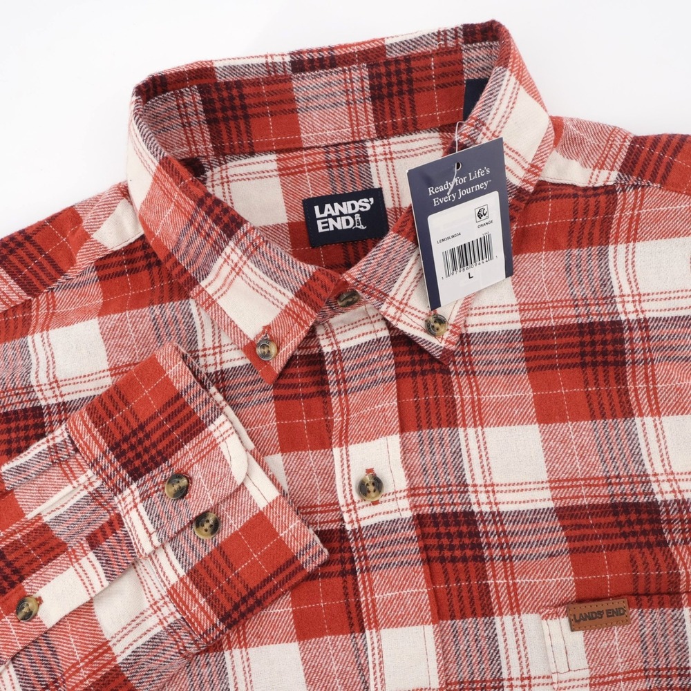 NEW Lands' End Plaid Flannel Button Down Shirt Orange Long Sleeve Mens Large